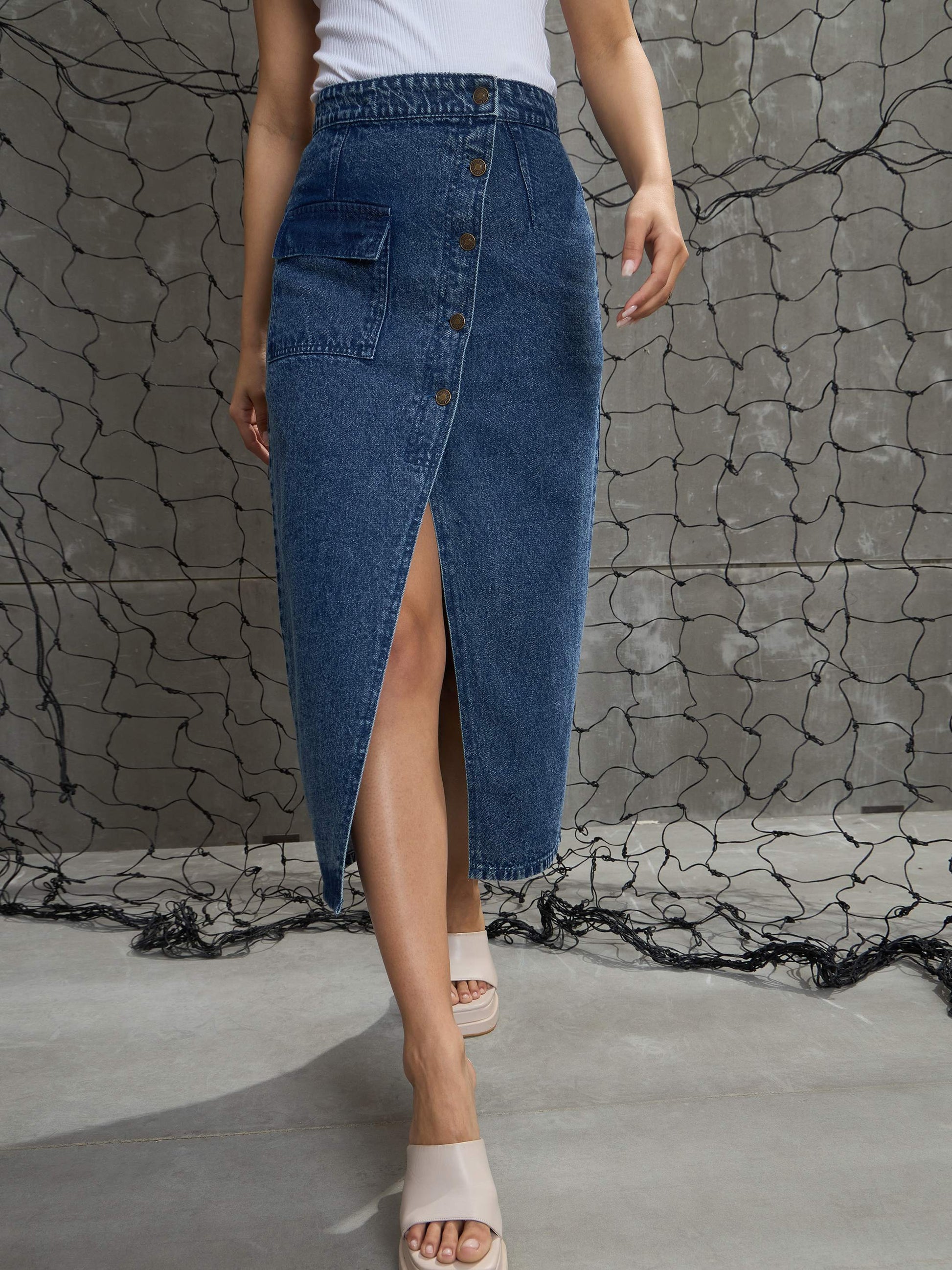 Women's Women Blue Front Button Wrap Skirt in Cotton by Sassafras for wholesale, bulk, supplier, manufacturer and wholesaler buyers from Trendphoria