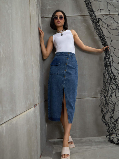 Women Blue Front Button Wrap Skirt