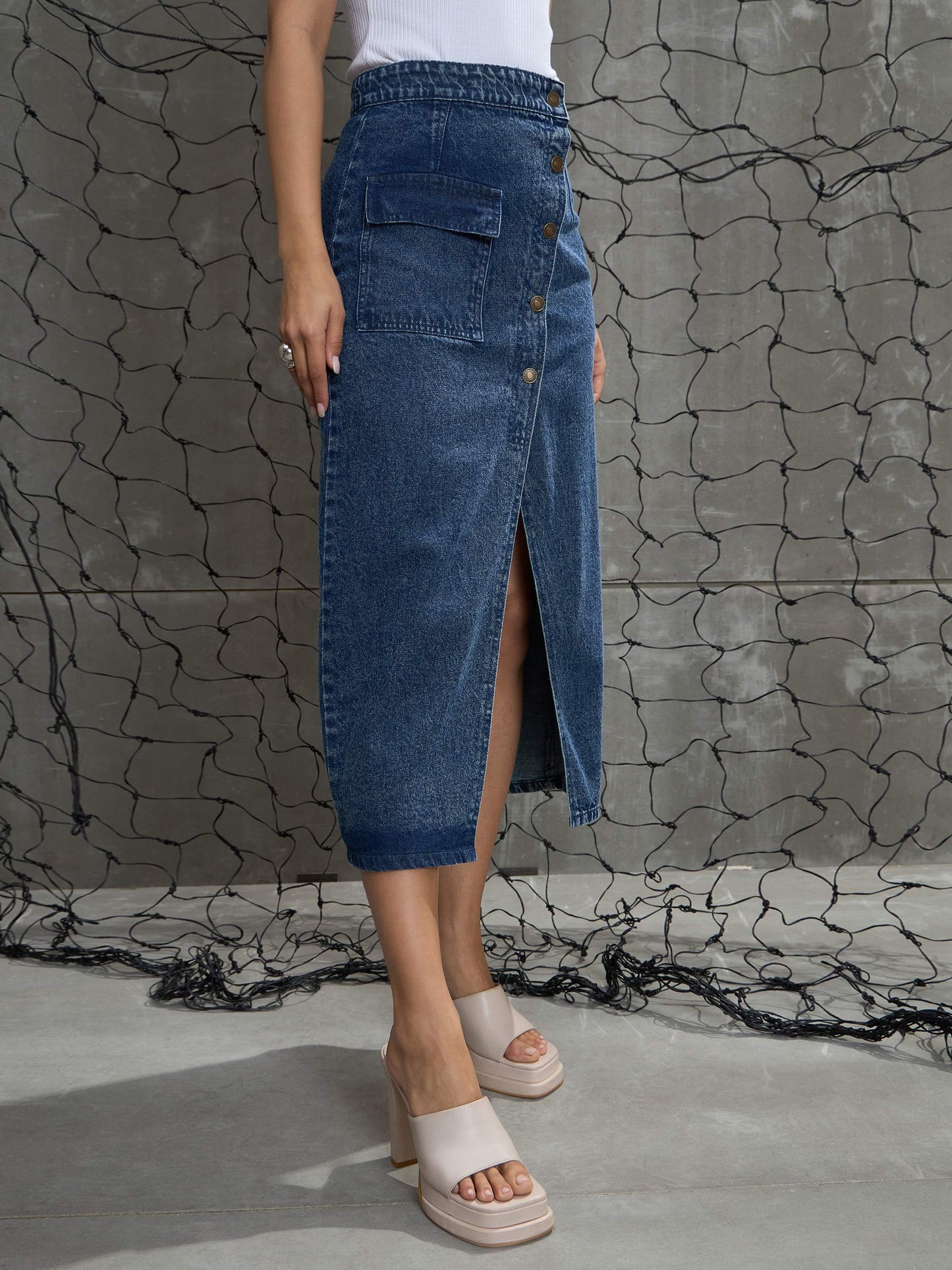 Women Blue Front Button Wrap Skirt