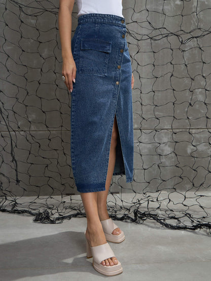 Women Blue Front Button Wrap Skirt