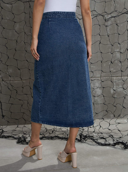 Women Blue Front Button Wrap Skirt