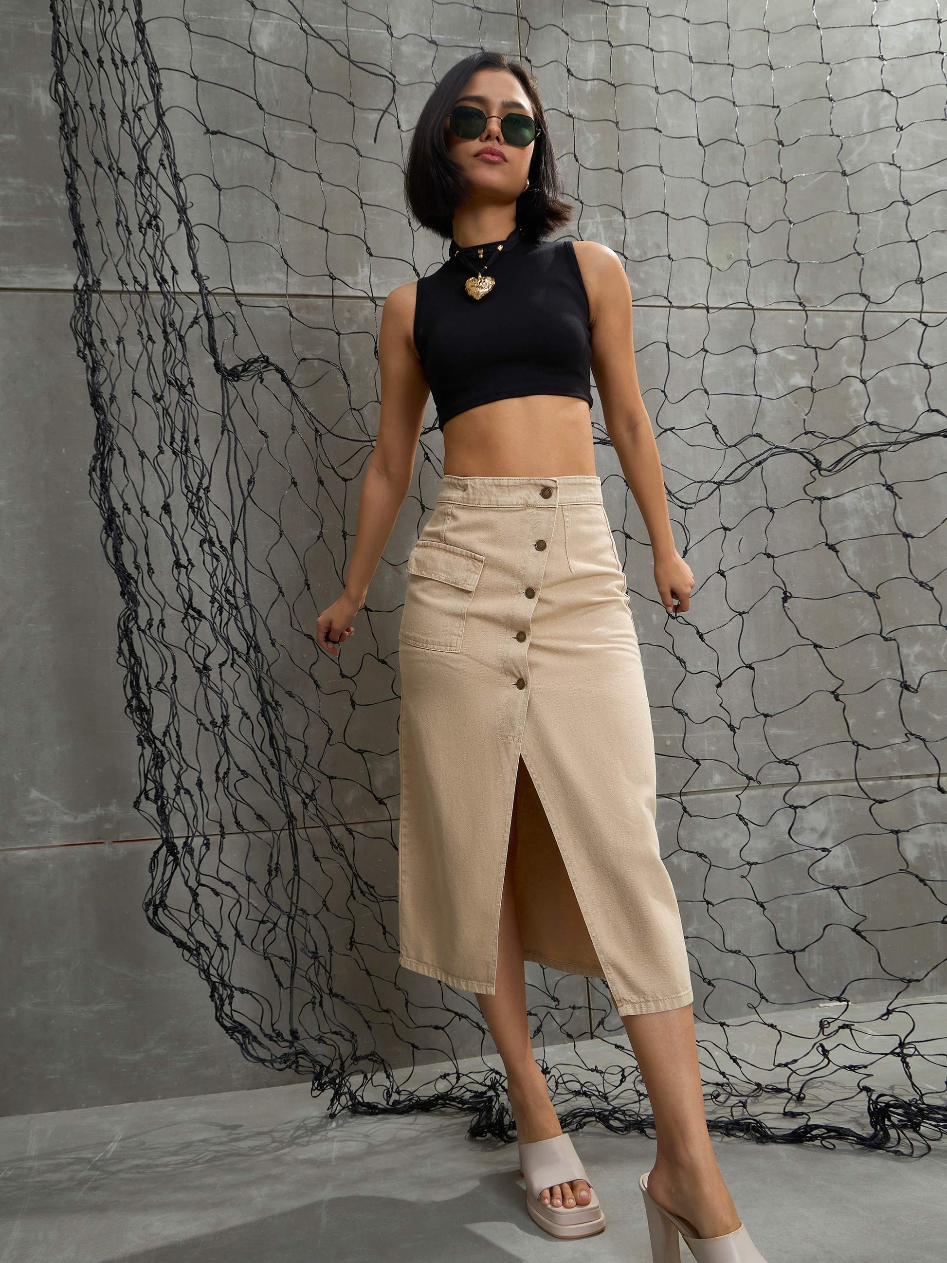 Women's Women Beige Front Button Wrap Skirt in Cotton by Sassafras for wholesale, bulk, supplier, manufacturer and wholesaler buyers from Trendphoria