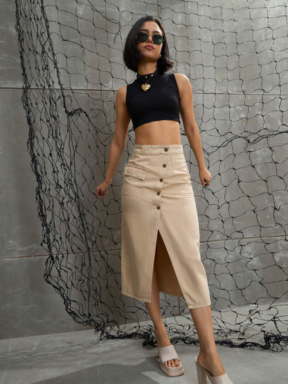 Women's Women Beige Front Button Wrap Skirt in Cotton by Sassafras for wholesale, bulk, supplier, manufacturer and wholesaler buyers from Trendphoria