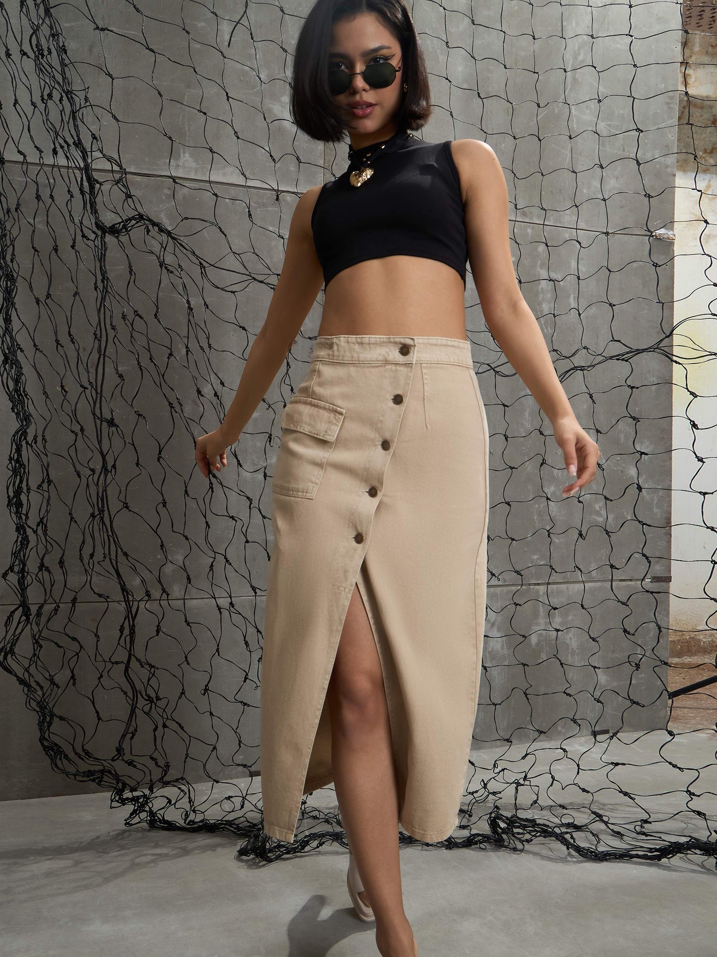 Women Beige Front Button Wrap Skirt