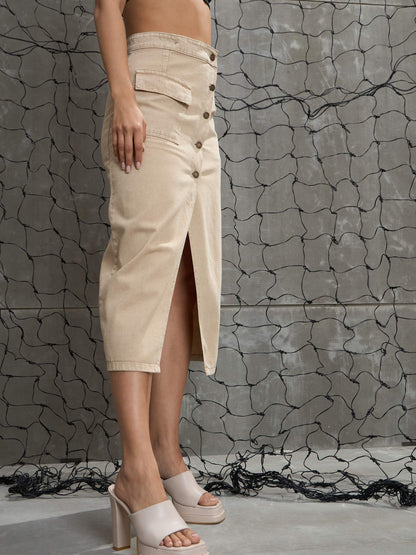Women Beige Front Button Wrap Skirt