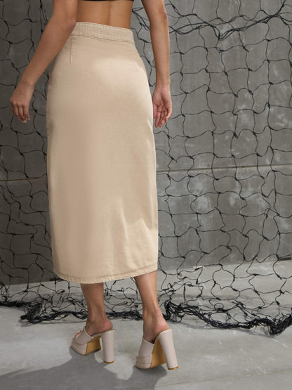 Women Beige Front Button Wrap Skirt