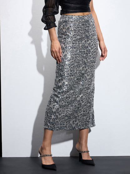Women Silver Sequin Pencil Skirt