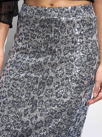 Women Silver Sequin Pencil Skirt