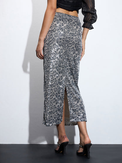 Women Silver Sequin Pencil Skirt