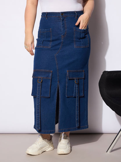 Navy Denim Multi Pocket Front Slit Skirt