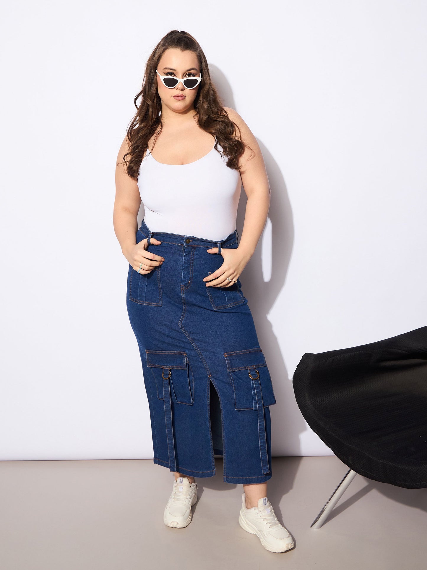 Navy Denim Multi Pocket Front Slit Skirt