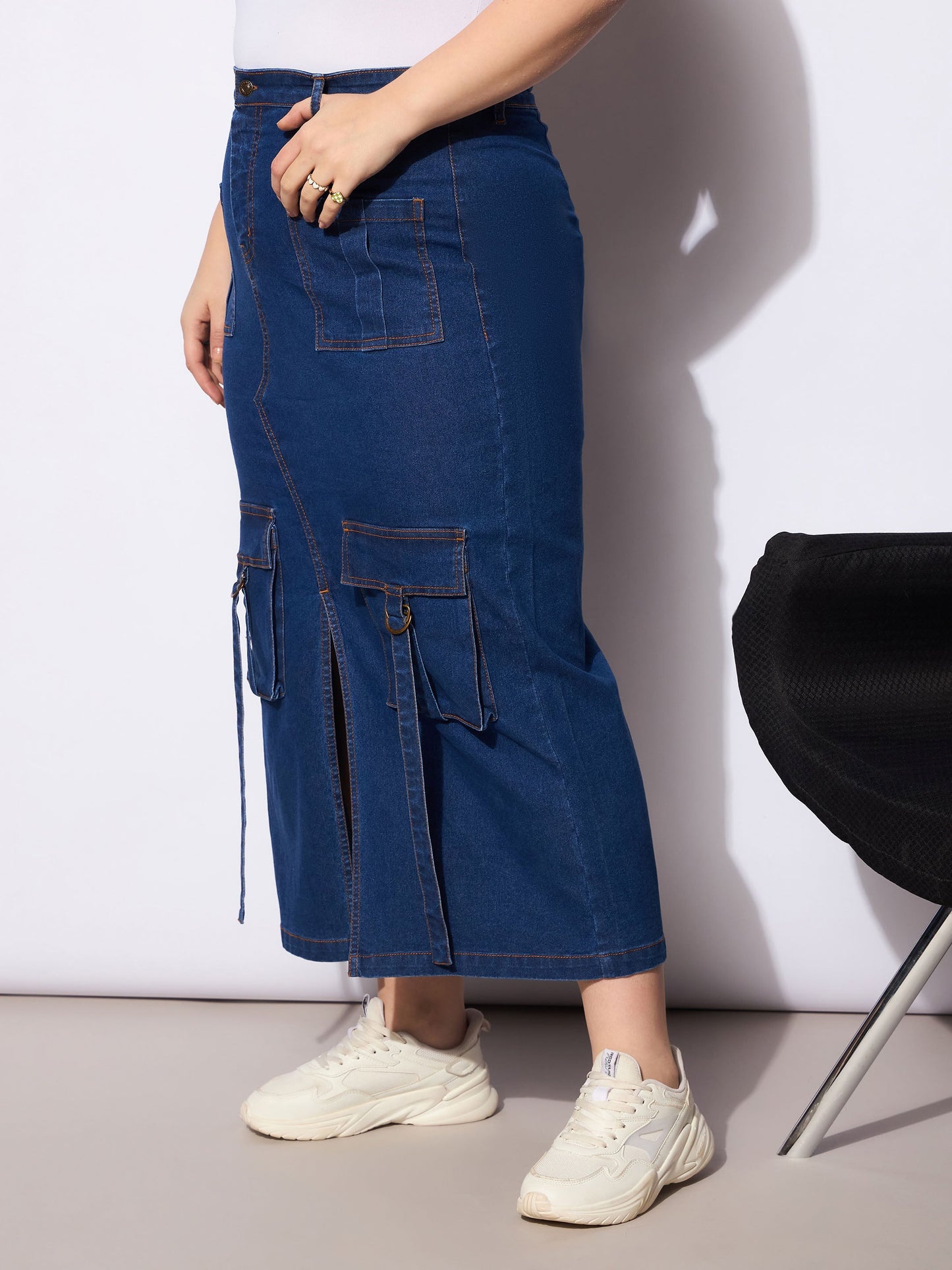 Navy Denim Multi Pocket Front Slit Skirt