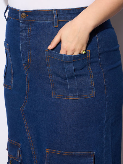 Navy Denim Multi Pocket Front Slit Skirt