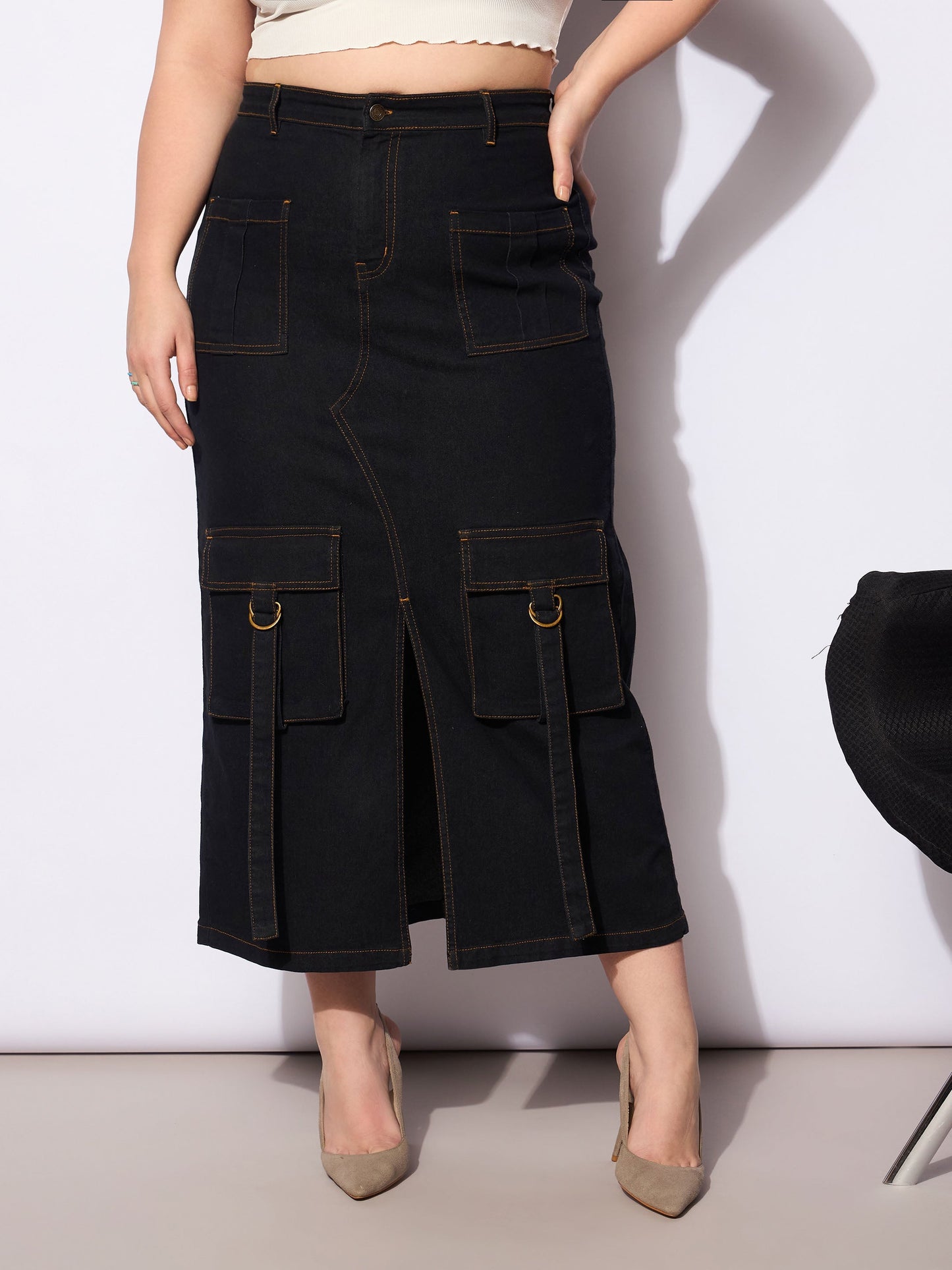 Black Denim Multi Pocket Front Slit Skirt