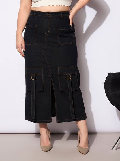 Black Denim Multi Pocket Front Slit Skirt
