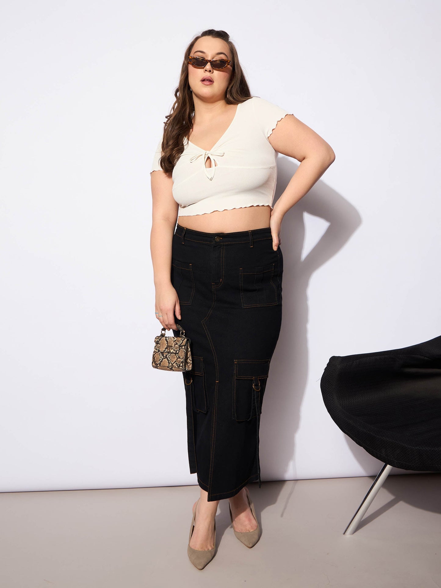 Black Denim Multi Pocket Front Slit Skirt