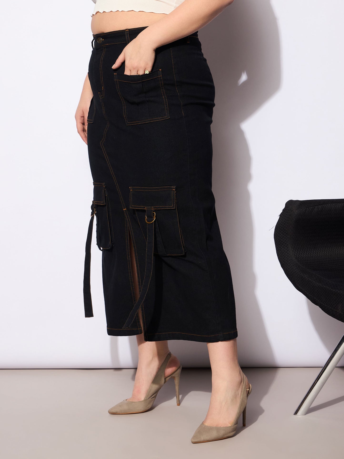Black Denim Multi Pocket Front Slit Skirt
