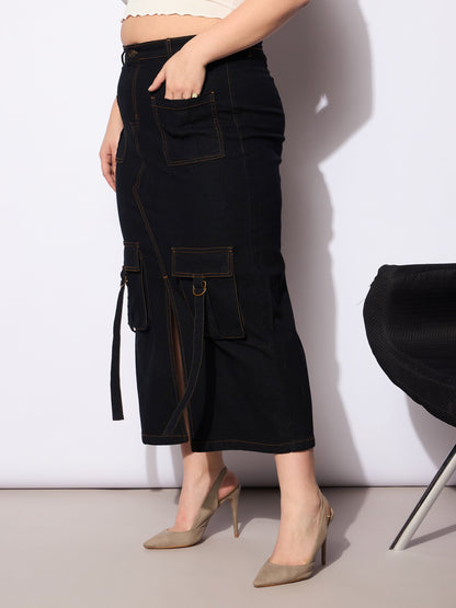 Black Denim Multi Pocket Front Slit Skirt