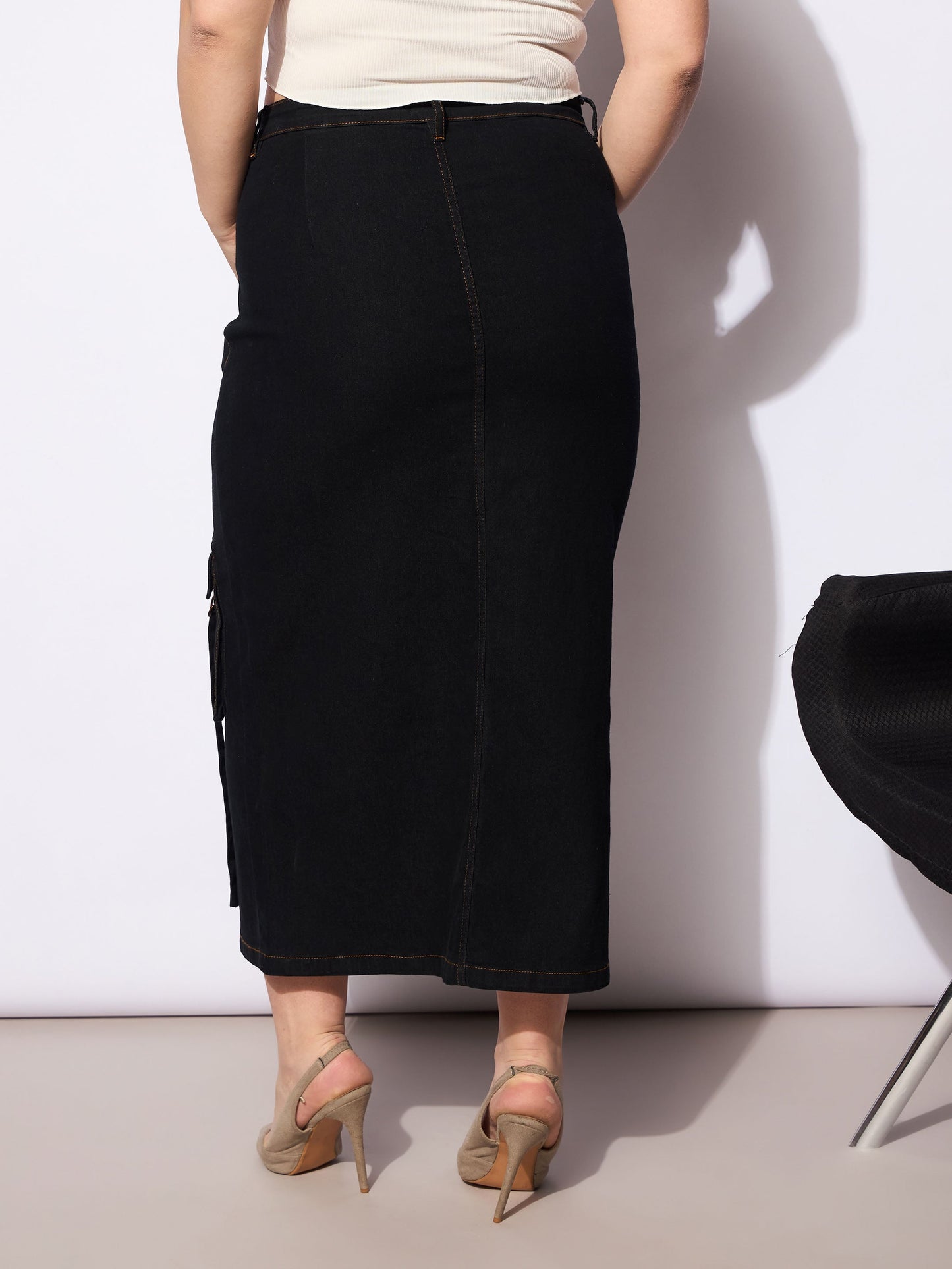 Black Denim Multi Pocket Front Slit Skirt
