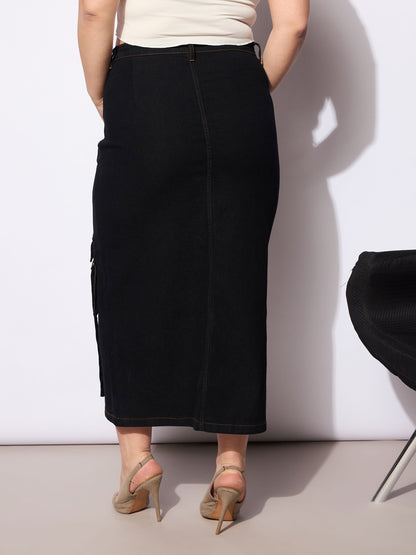 Black Denim Multi Pocket Front Slit Skirt