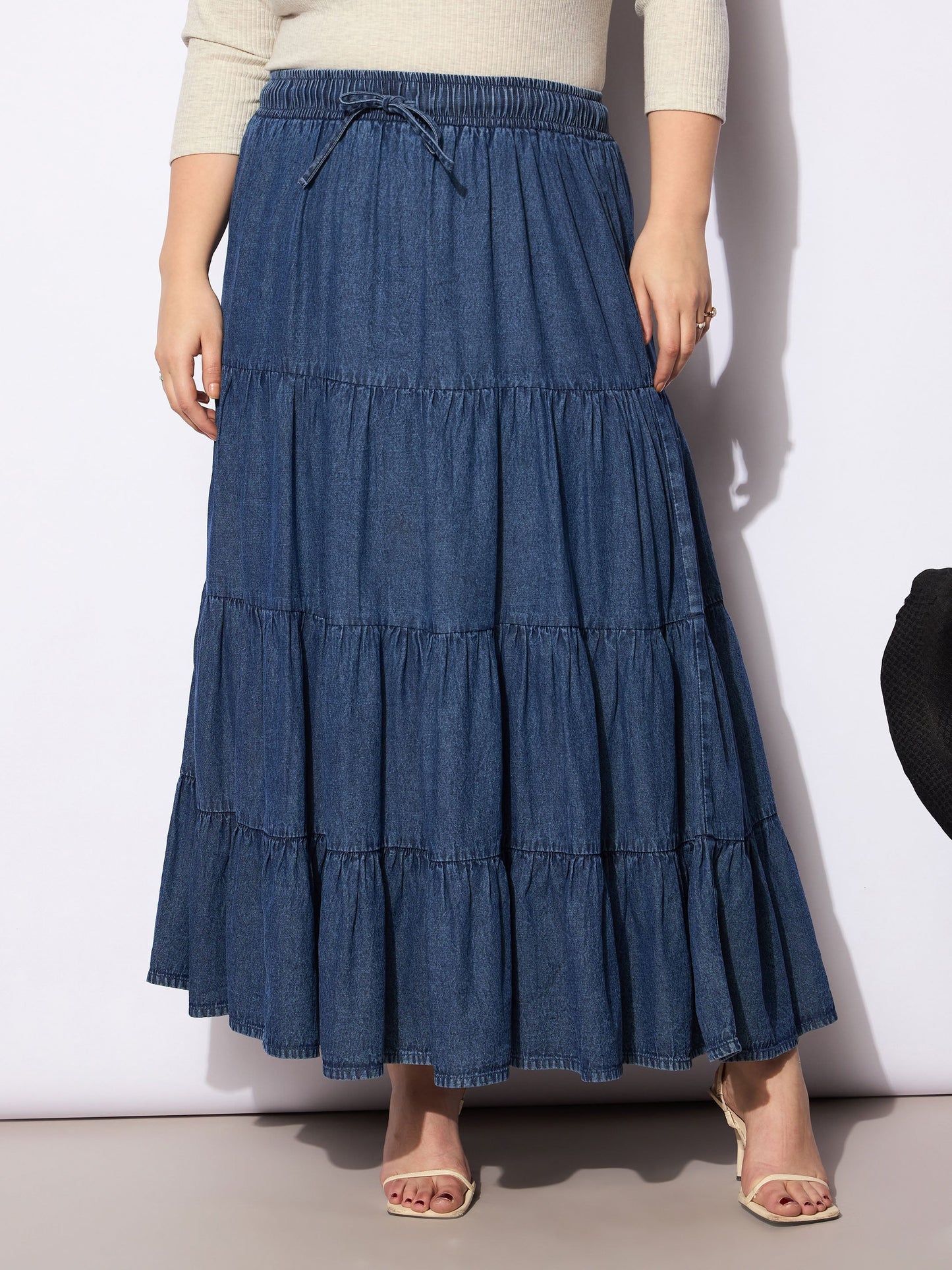 Plus size women's Navy Tencel Navy Tencel Front Drawstring Tired Skirt by Sassafras Curve for wholesale buyers, boutiques, resellers and bulk orders