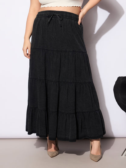 Black Tencel Front Drawstring Tired Skirt