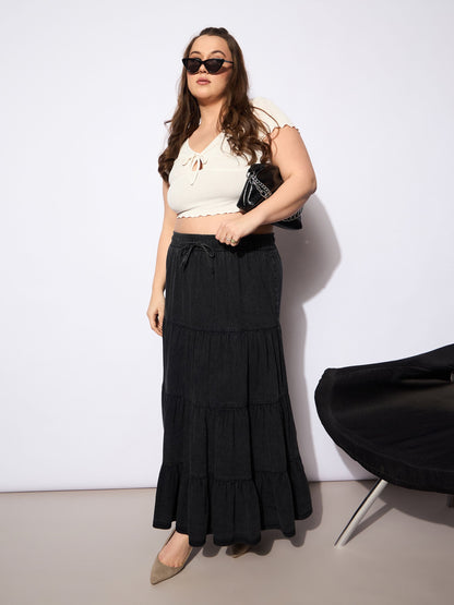 Black Tencel Front Drawstring Tired Skirt