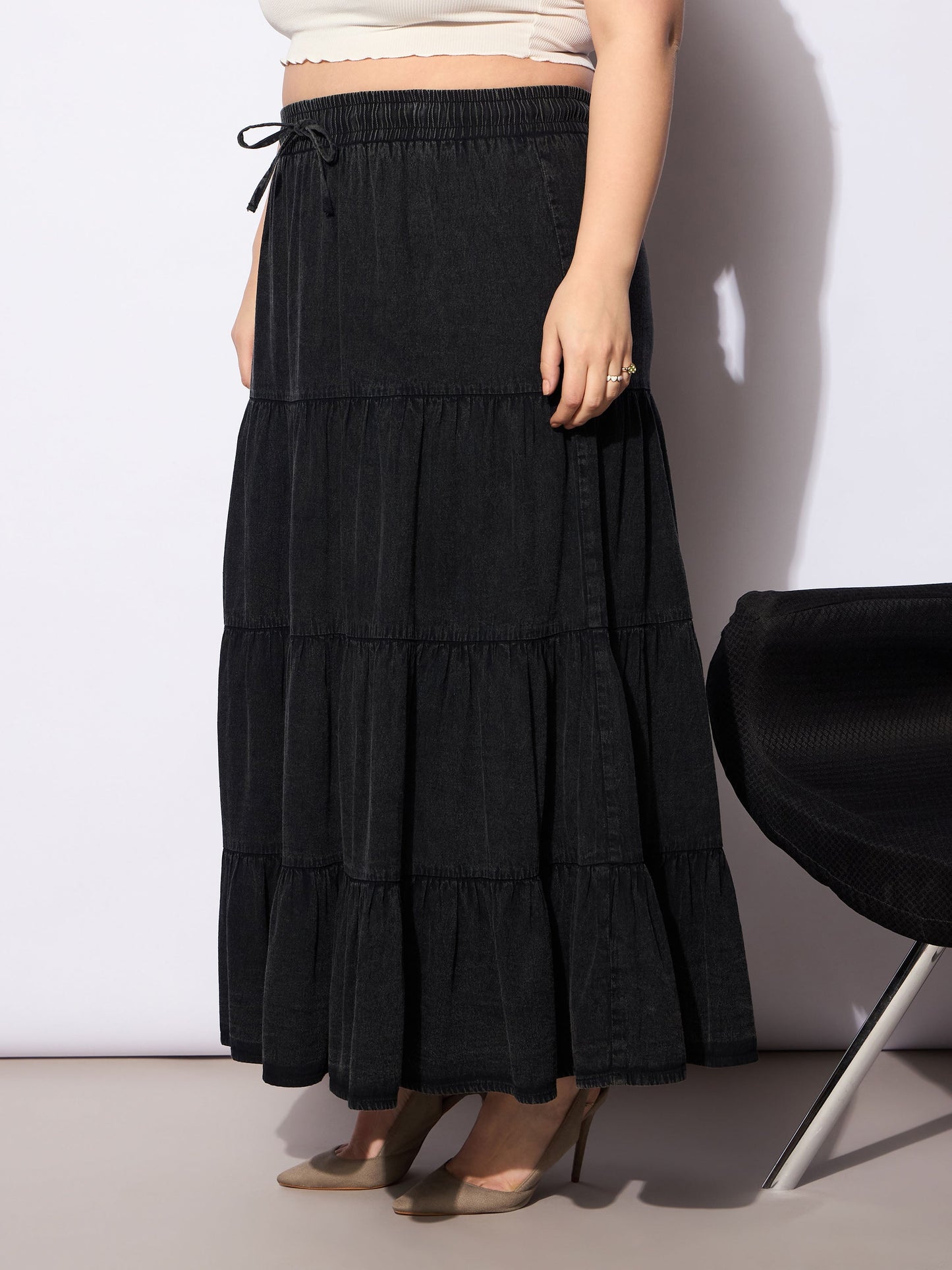 Black Tencel Front Drawstring Tired Skirt