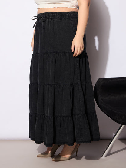 Black Tencel Front Drawstring Tired Skirt