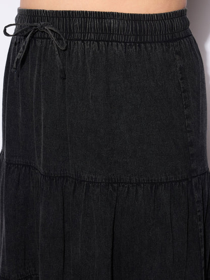 Black Tencel Front Drawstring Tired Skirt