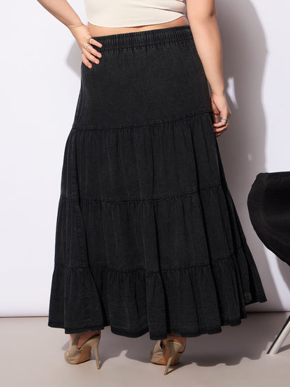 Black Tencel Front Drawstring Tired Skirt