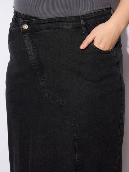 Black Wash Denim Side Slit Skirt