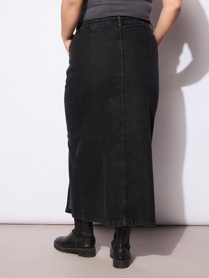 Black Wash Denim Side Slit Skirt