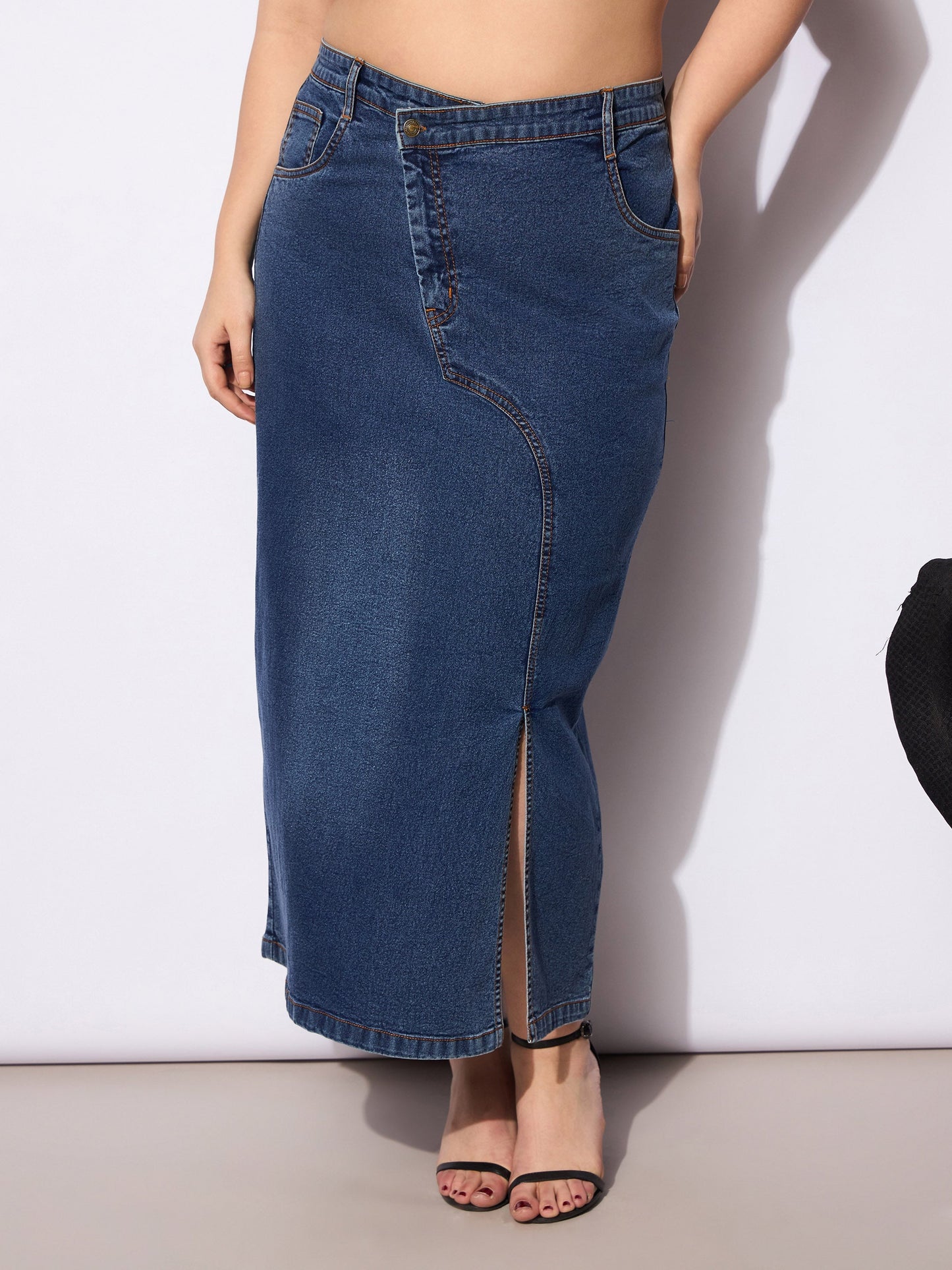 Navy Wash Denim Side Slit Skirt
