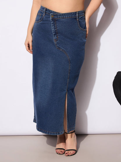 Navy Wash Denim Side Slit Skirt