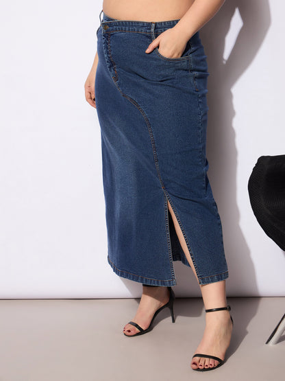 Navy Wash Denim Side Slit Skirt