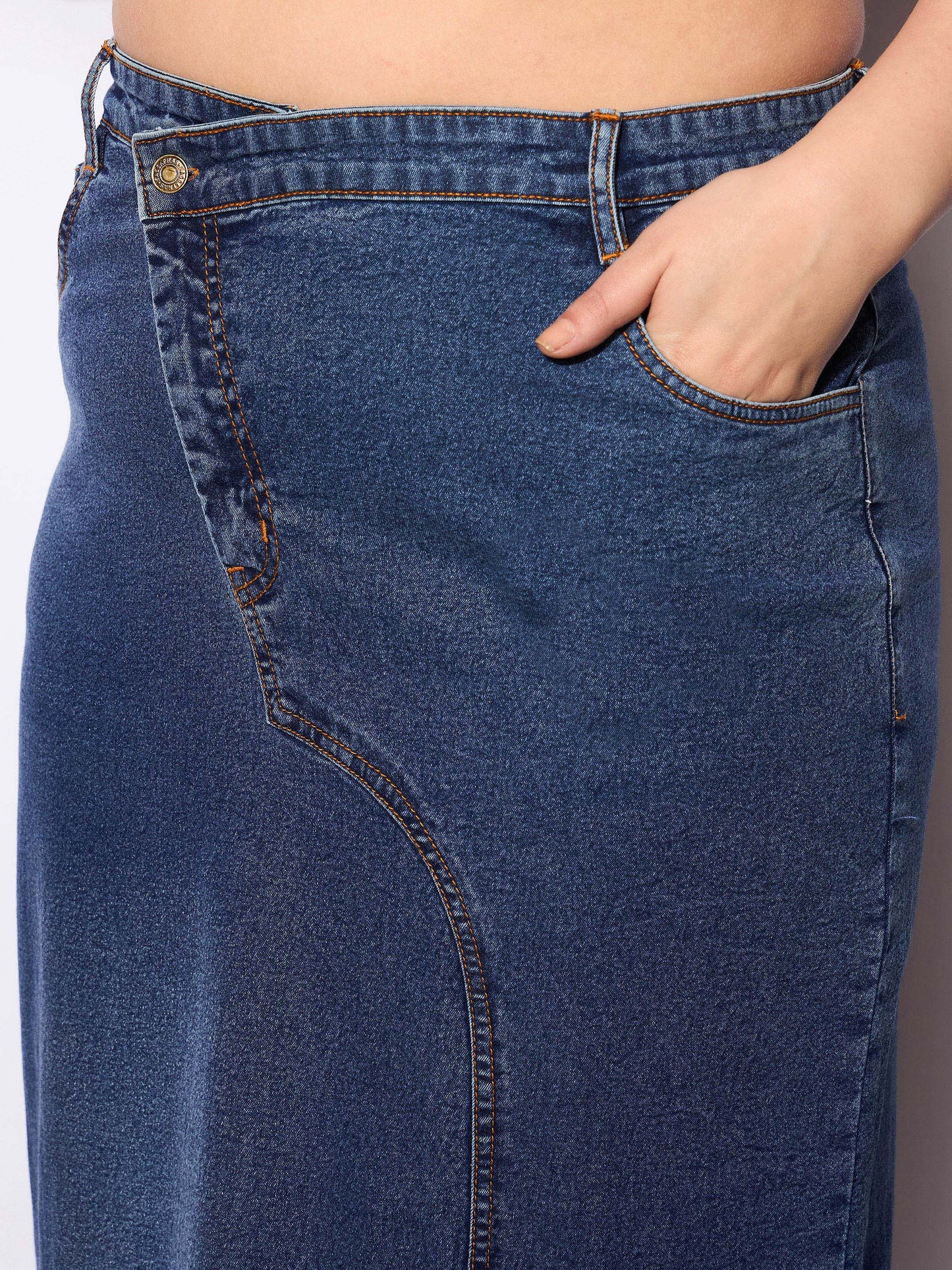 Navy Wash Denim Side Slit Skirt