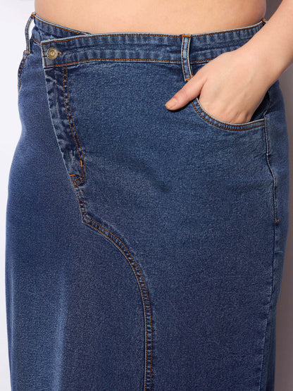 Navy Wash Denim Side Slit Skirt