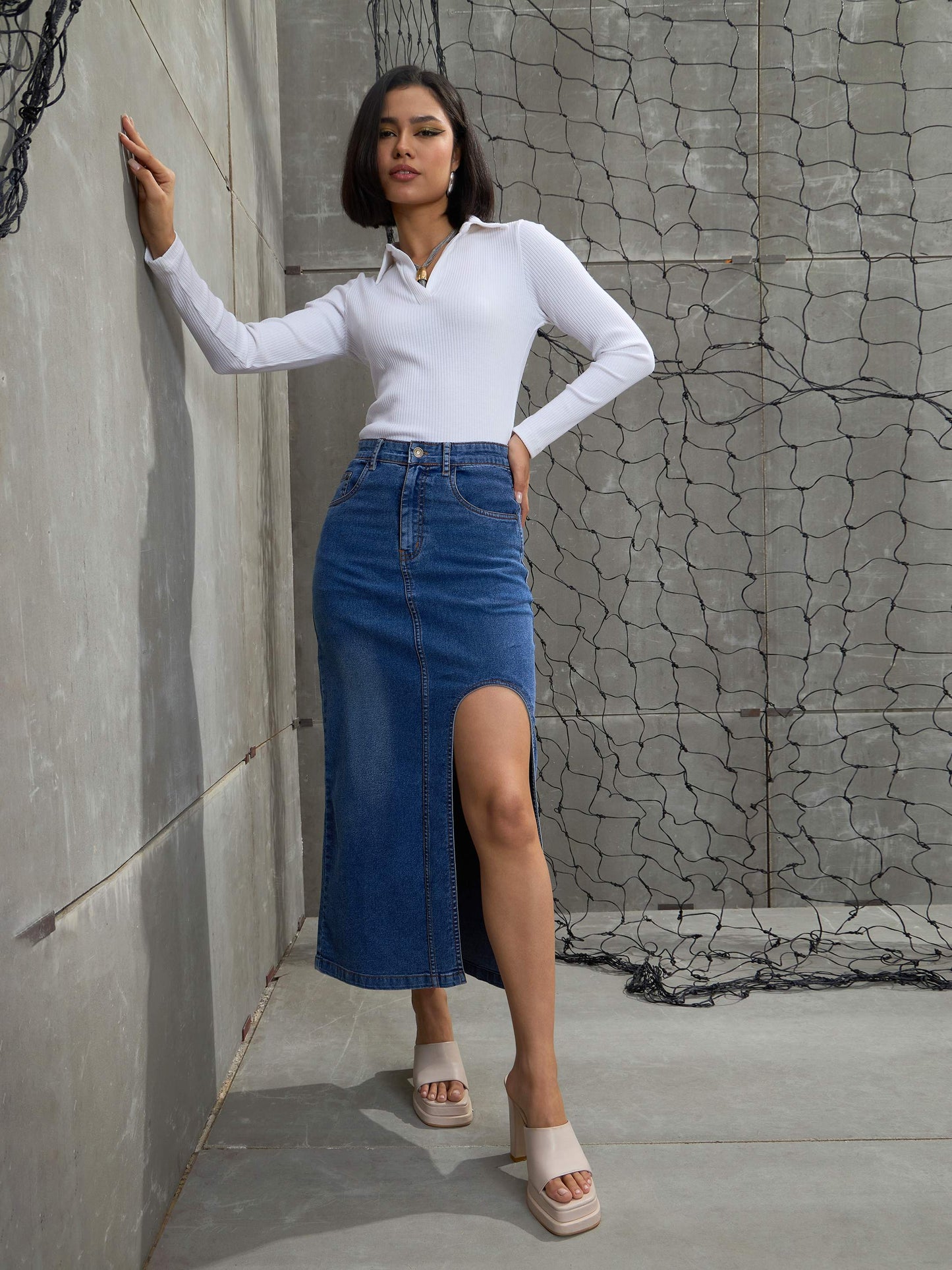 Women Blue Blast Front Slit Maxi Skirt