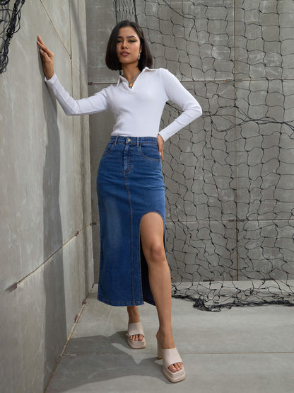 Women Blue Blast Front Slit Maxi Skirt