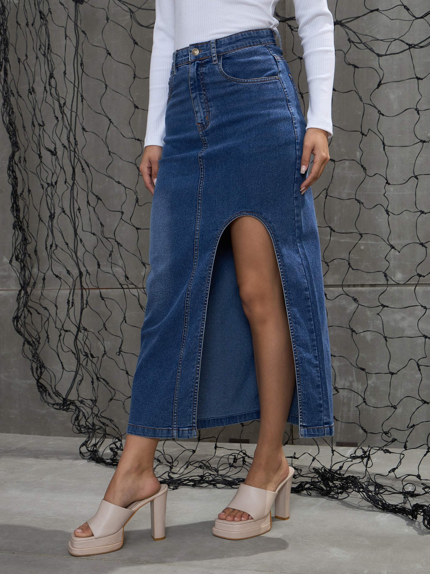 Women Blue Blast Front Slit Maxi Skirt