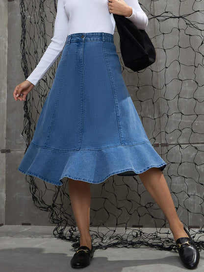 Women Blue Washed Denim Flared Hem Skirt