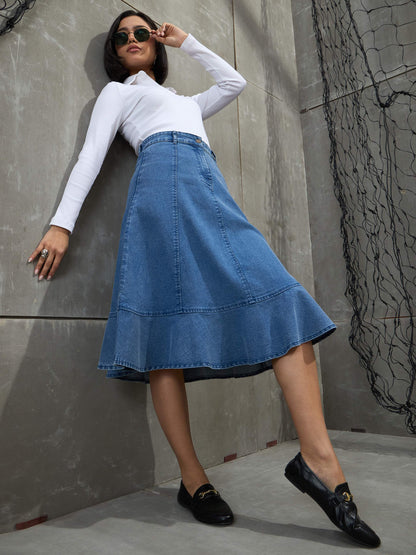 Women Blue Washed Denim Flared Hem Skirt