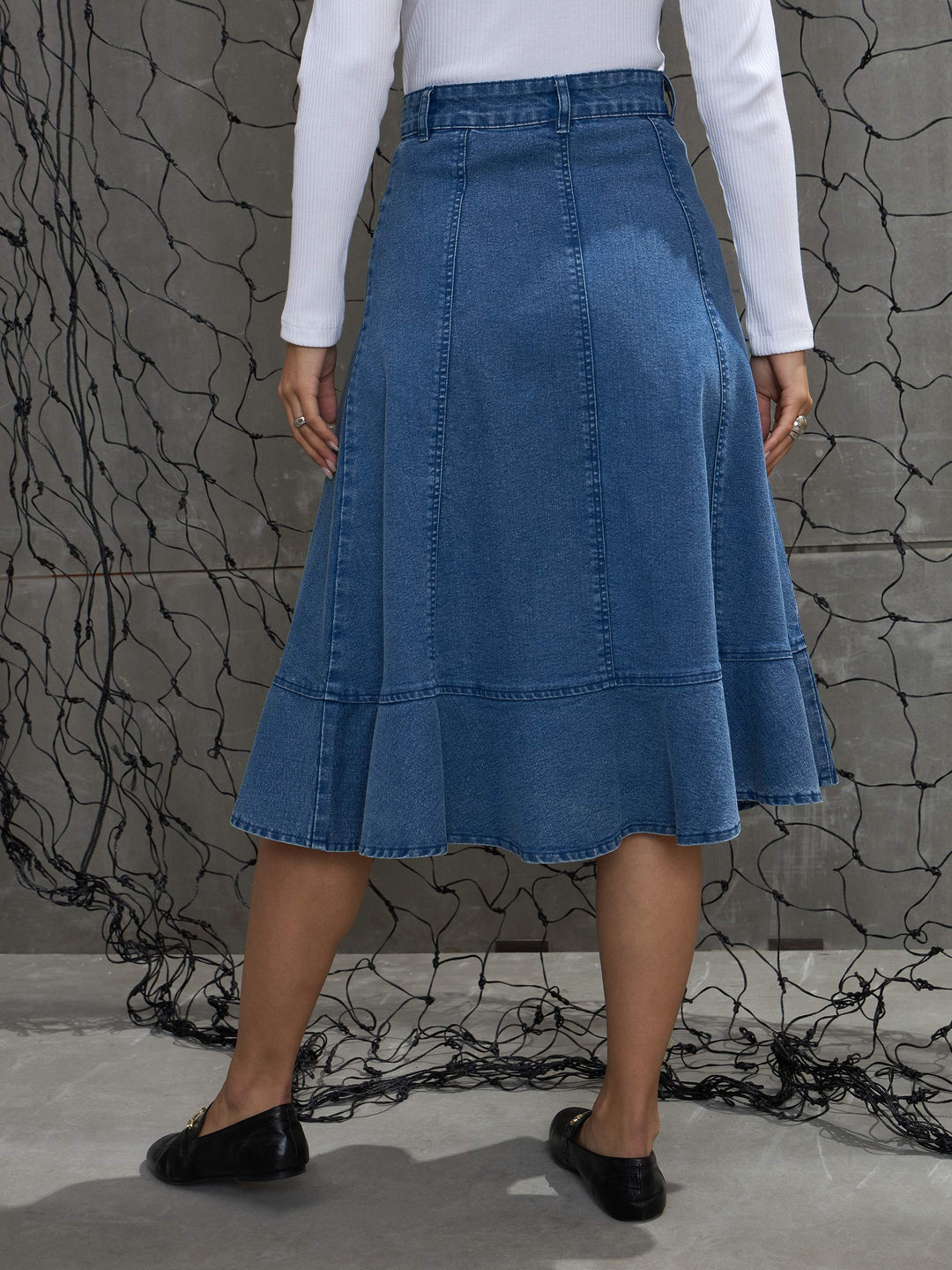 Women Blue Washed Denim Flared Hem Skirt