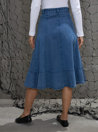 Women Blue Washed Denim Flared Hem Skirt