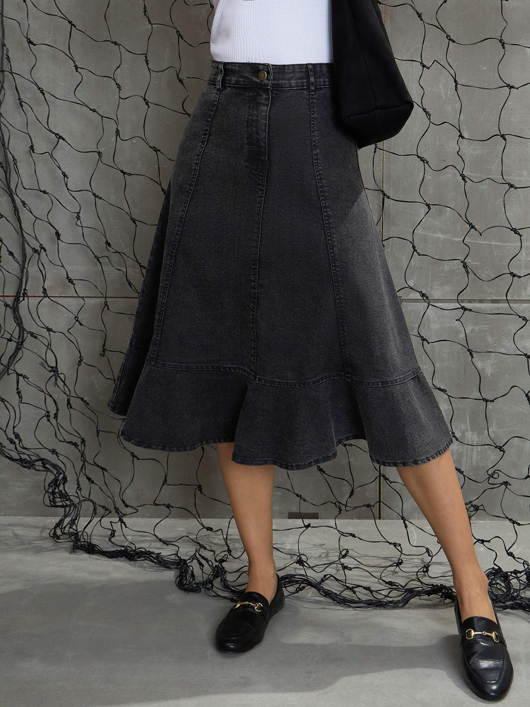 Women's Women Black Washed Denim Flared Hem Skirt in Cotton by Sassafras for wholesale, bulk, supplier, manufacturer and wholesaler buyers from Trendphoria