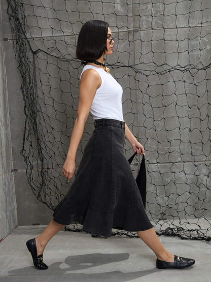 Women Black Washed Denim Flared Hem Skirt