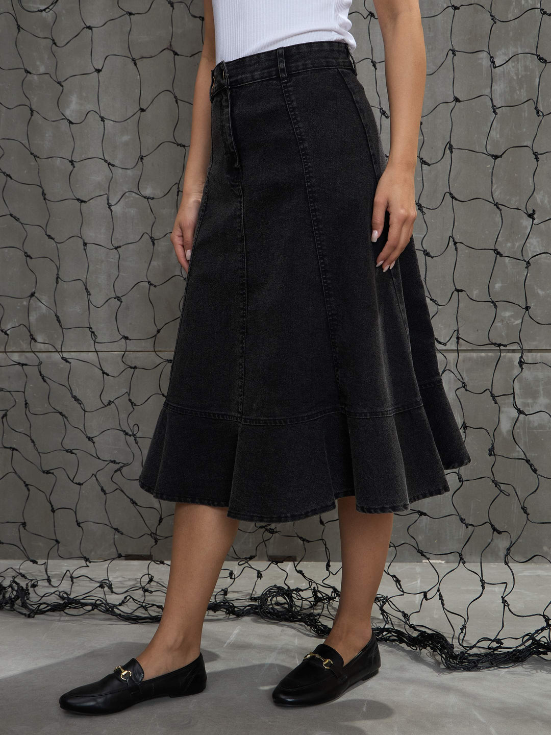 Women Black Washed Denim Flared Hem Skirt