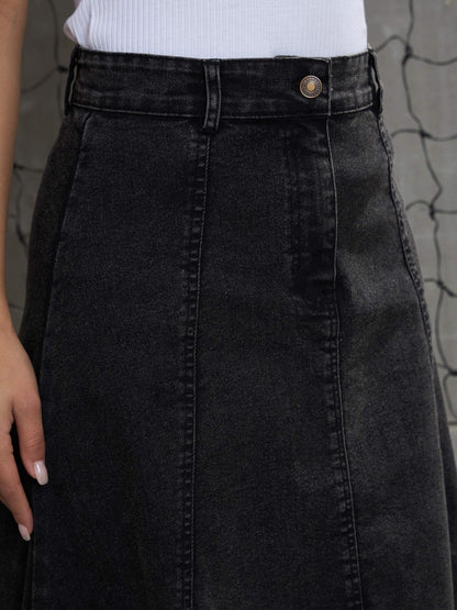 Women Black Washed Denim Flared Hem Skirt