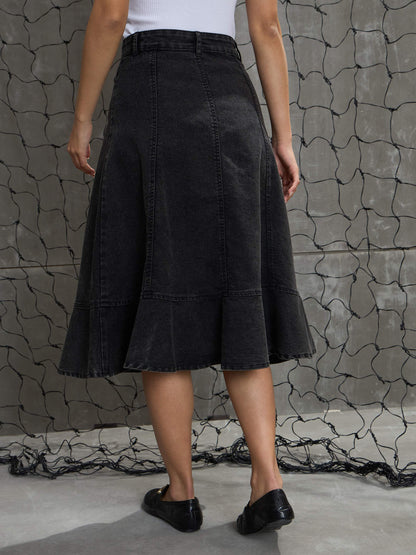Women Black Washed Denim Flared Hem Skirt